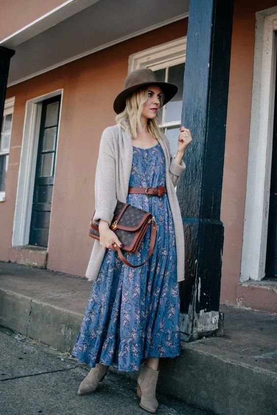 Boho Chic Blue Floral Sundress with Cozy Layers